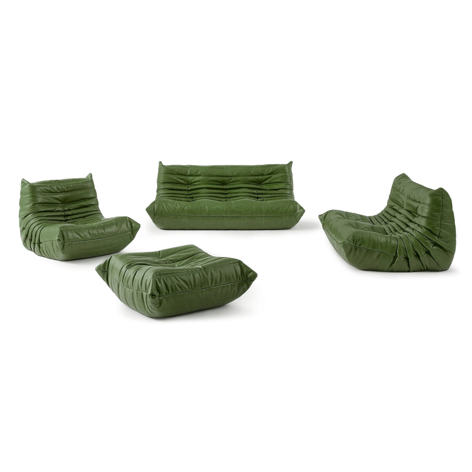 Set of green oil wax leather togo chair, 3 seater sofa, loveseat sofa and ottoman 