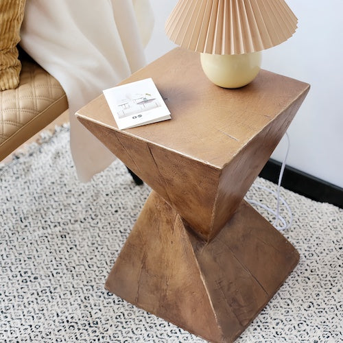 Modern elegance lightweight concrete side table with geometric design and natural wood finish for living room.