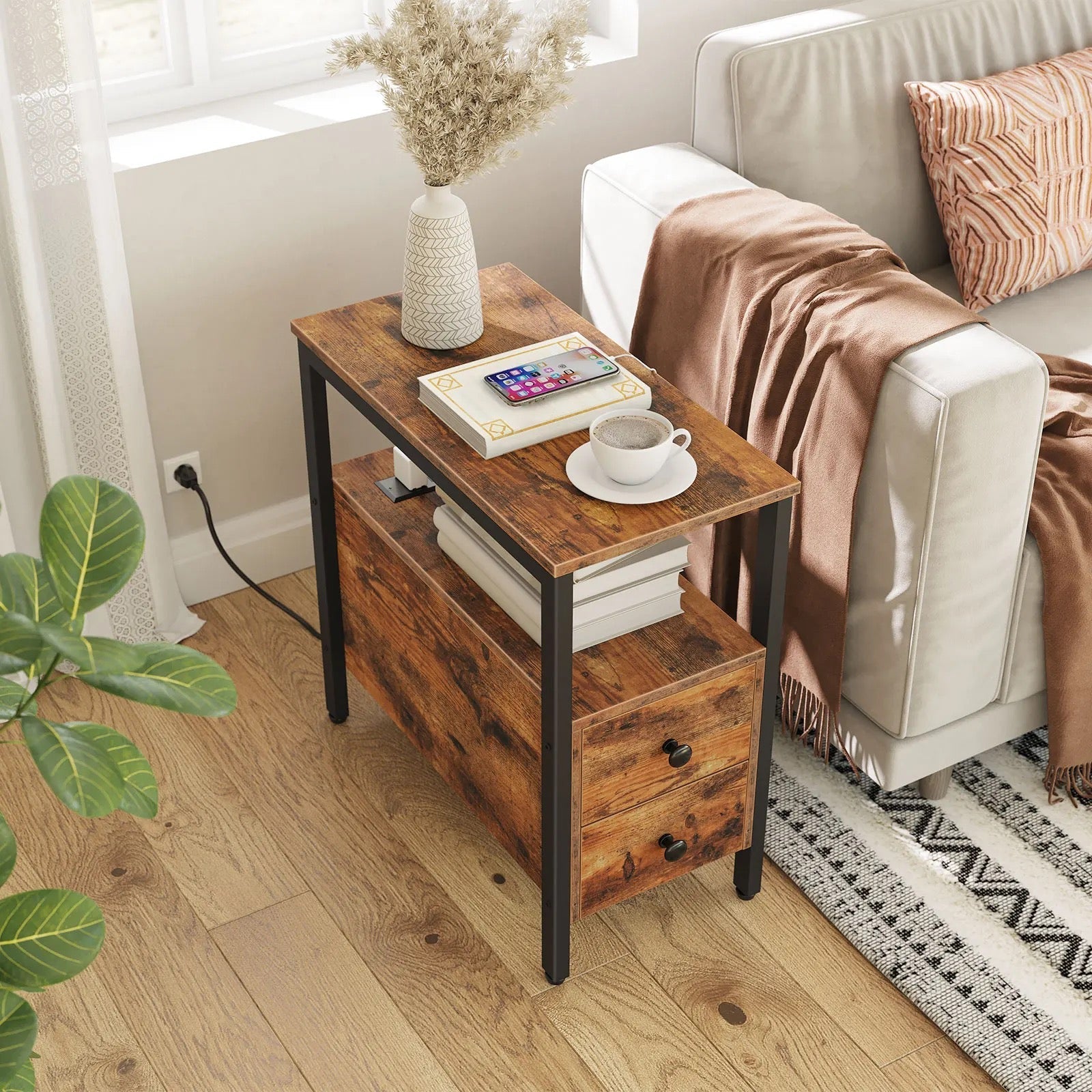 Rustic brown bedside table with charging station, two drawers, and modern convenience in bedroom.