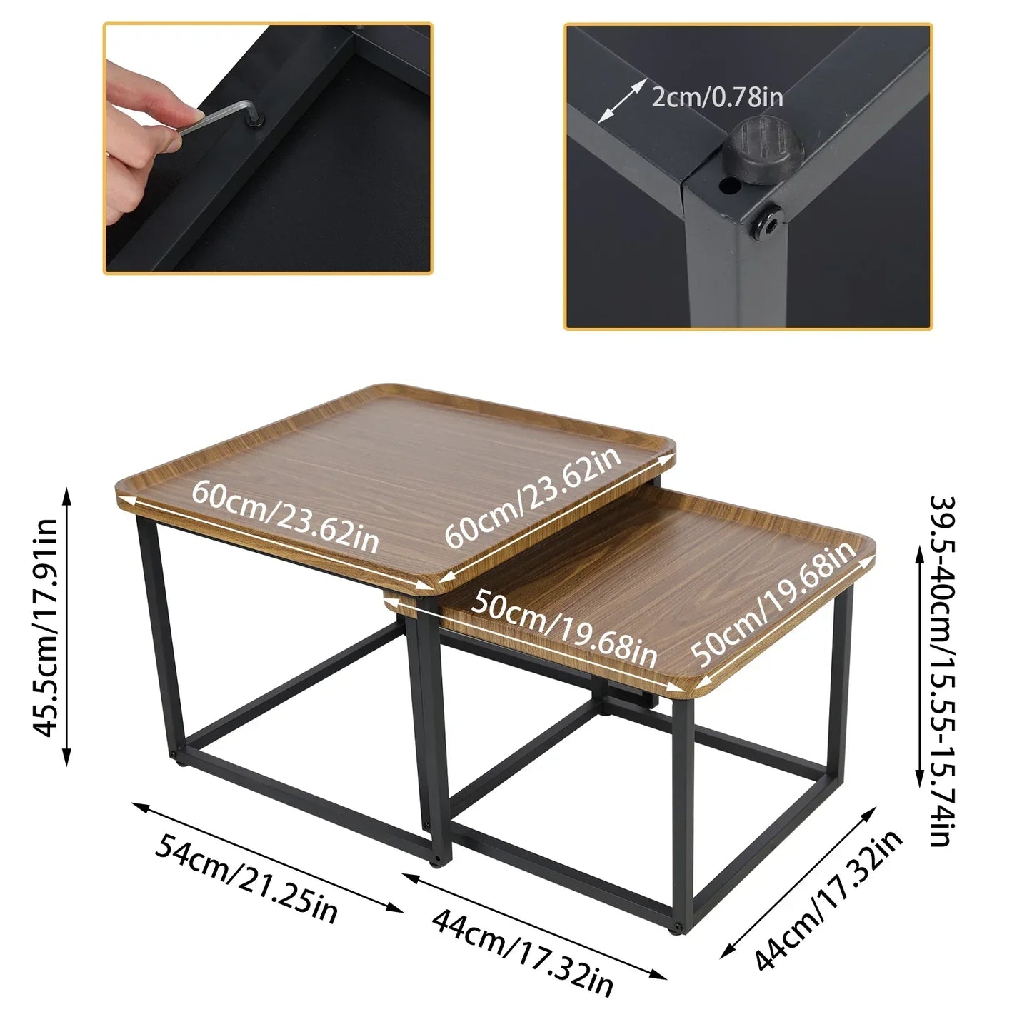 Modern square coffee table set with walnut wood top, black metal base, and dimensions marked; includes a larger and smaller table.