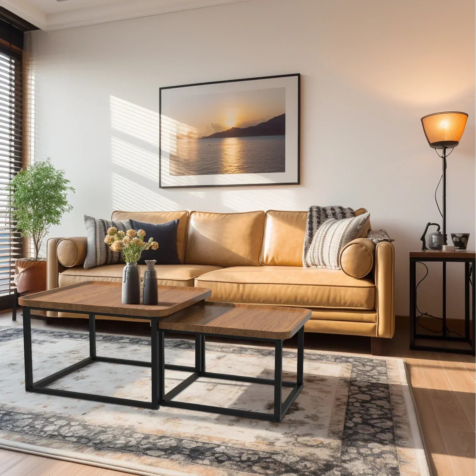 Modern square coffee table set of two with walnut wood and black metal base in a stylish living room.
