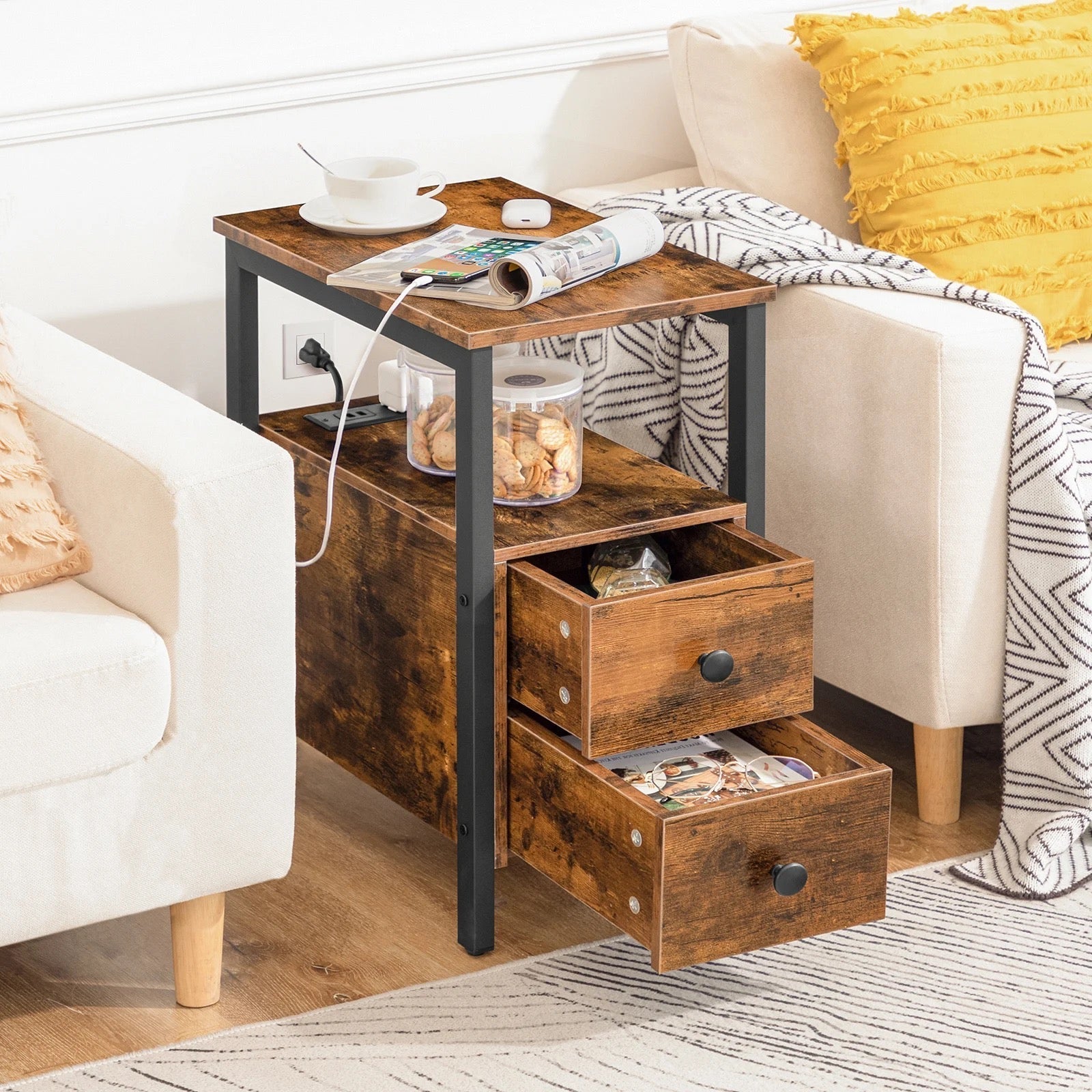 Rustic brown bedside table with charging station, 2 drawers, modern design.