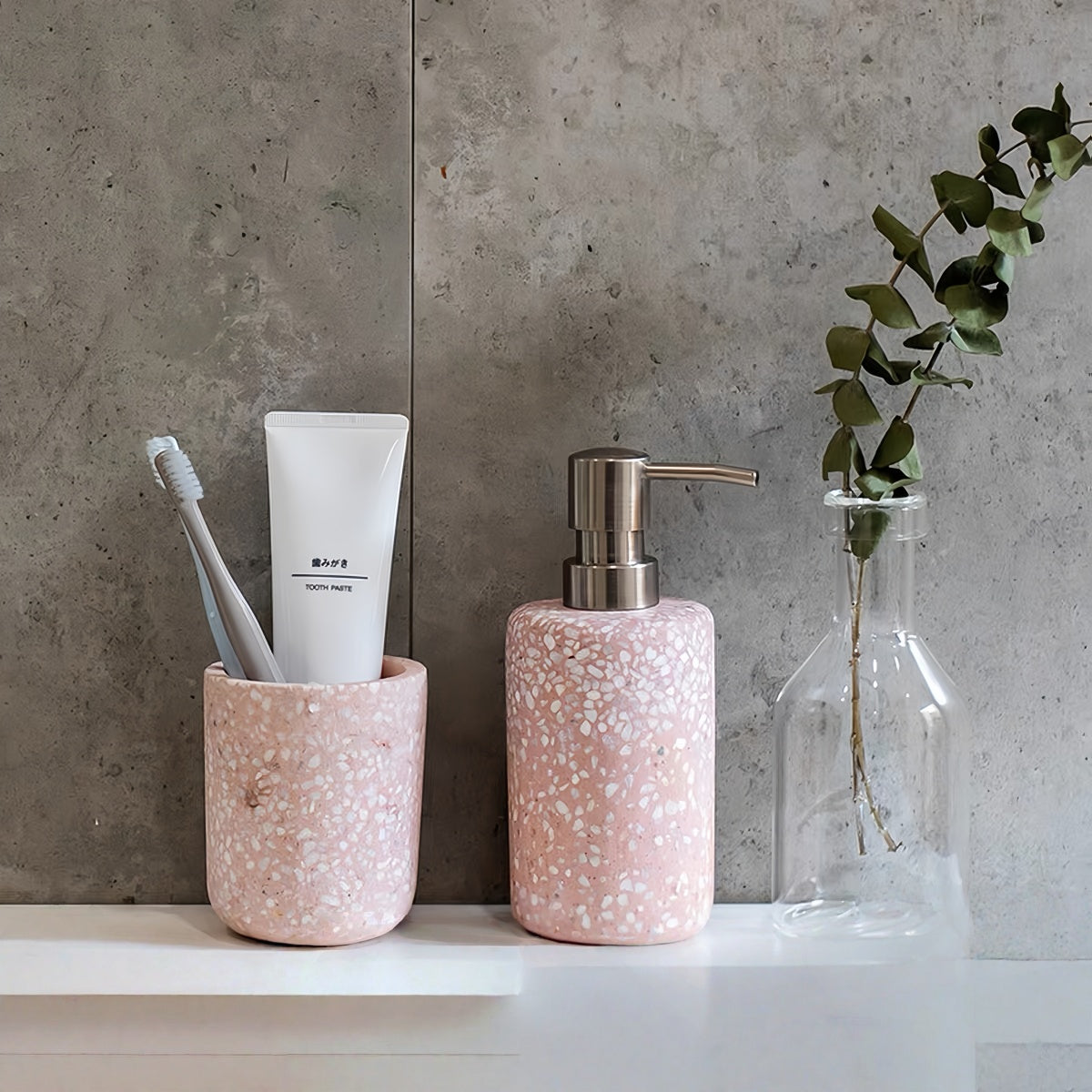Modern Terrazzo Bathroom Accessory Set – Soap Pump, Soap Tray & Toothbrush Cup Organizer