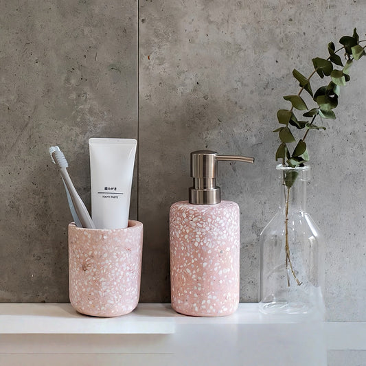 Modern Terrazzo Bathroom Accessory Set – Soap Pump, Soap Tray & Toothbrush Cup Organizer