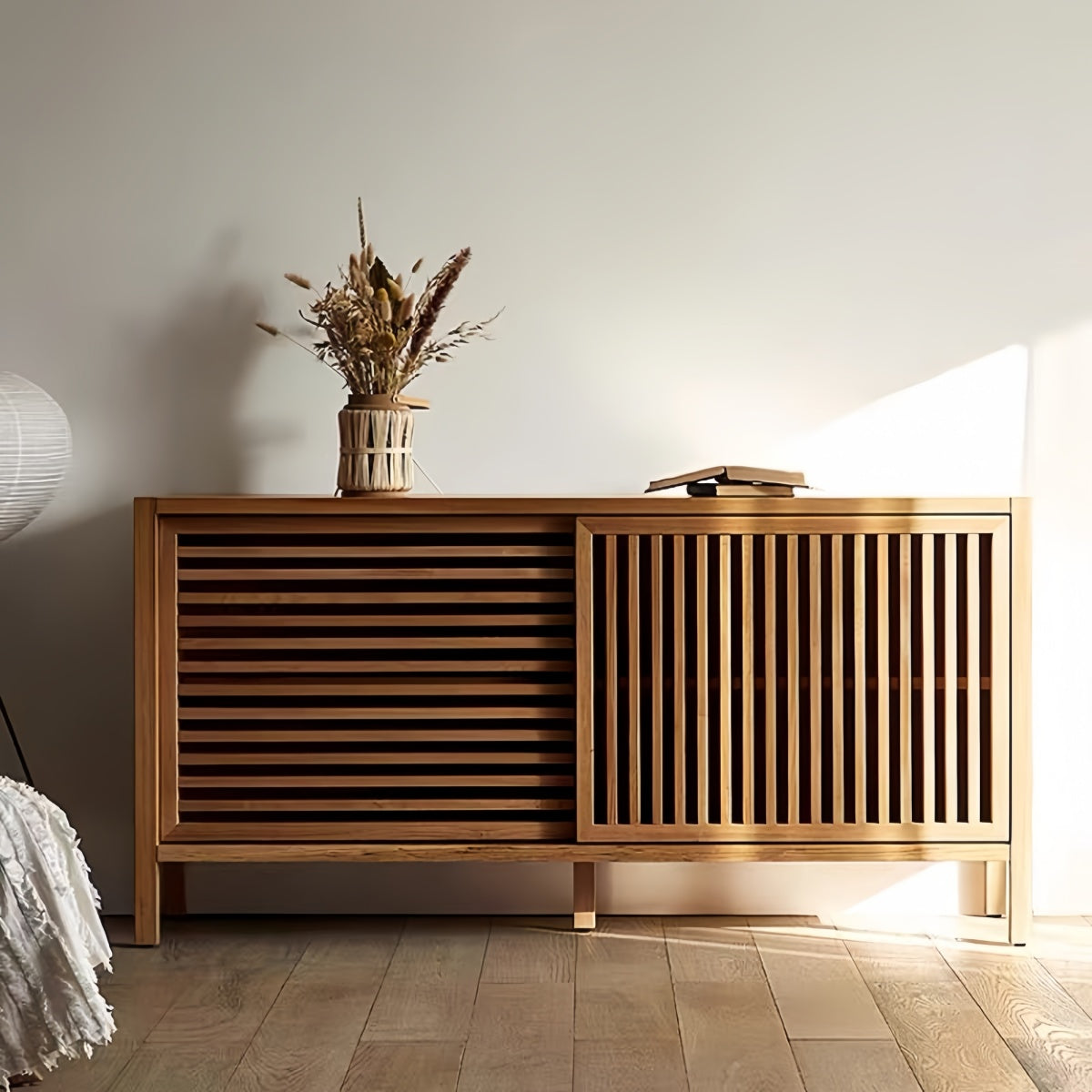 Solid Wood Sideboard with Nordic Slatted Doors – Storage Cabinet