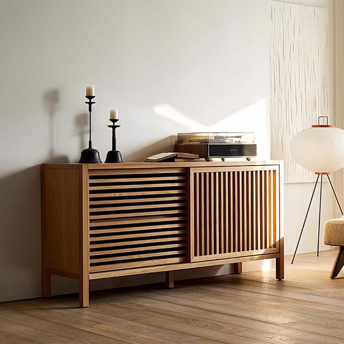 Solid Wood Sideboard with Nordic Slatted Doors – Storage Cabinet