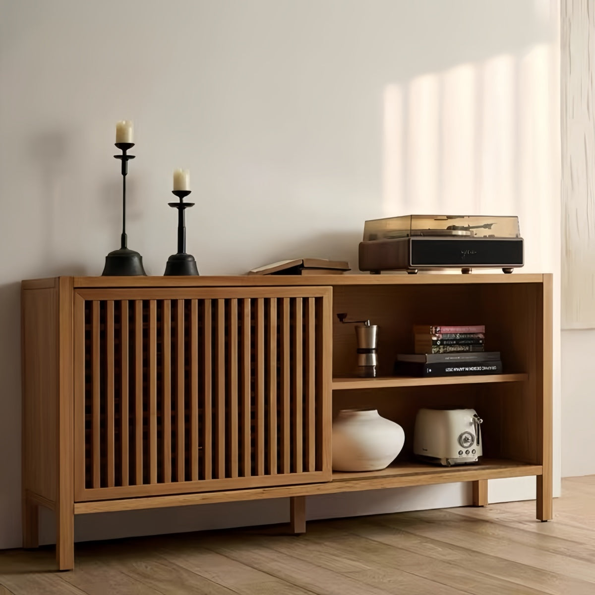 Solid Wood Sideboard with Nordic Slatted Doors – Storage Cabinet