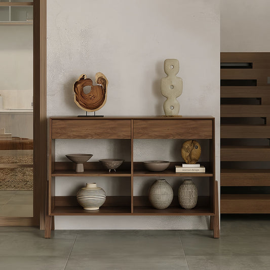 Corner Storage Cabinet - Aura Dual Drawer & Open Shelf Rustic Design