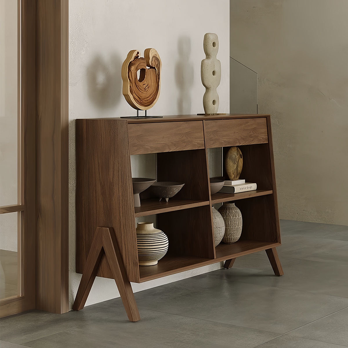 Corner Storage Cabinet - Aura Dual Drawer & Open Shelf Rustic Design