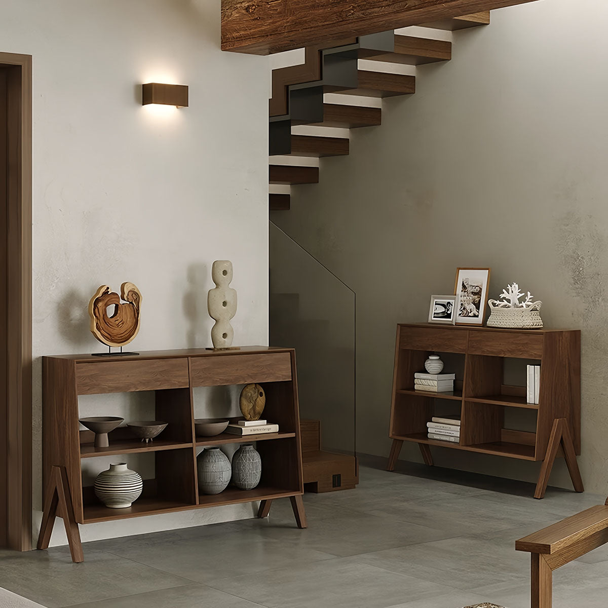 Corner Storage Cabinet - Aura Dual Drawer & Open Shelf Rustic Design