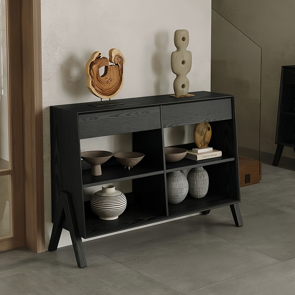 Corner Storage Cabinet - Aura Dual Drawer & Open Shelf Rustic Design