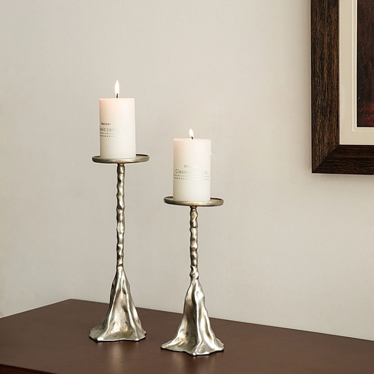 Silver Candle Holder - Vintage Metal-Look Candle Set for Elegant Decor