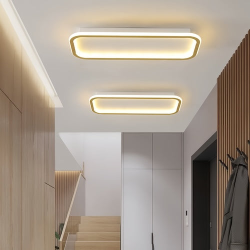 Modern LED ceiling lights with sleek gold and black finishes, ideal for kitchens and living rooms.