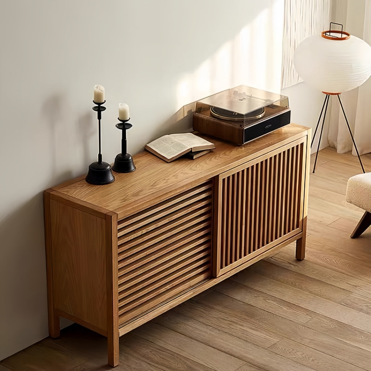 Solid Wood Sideboard with Nordic Slatted Doors – Storage Cabinet