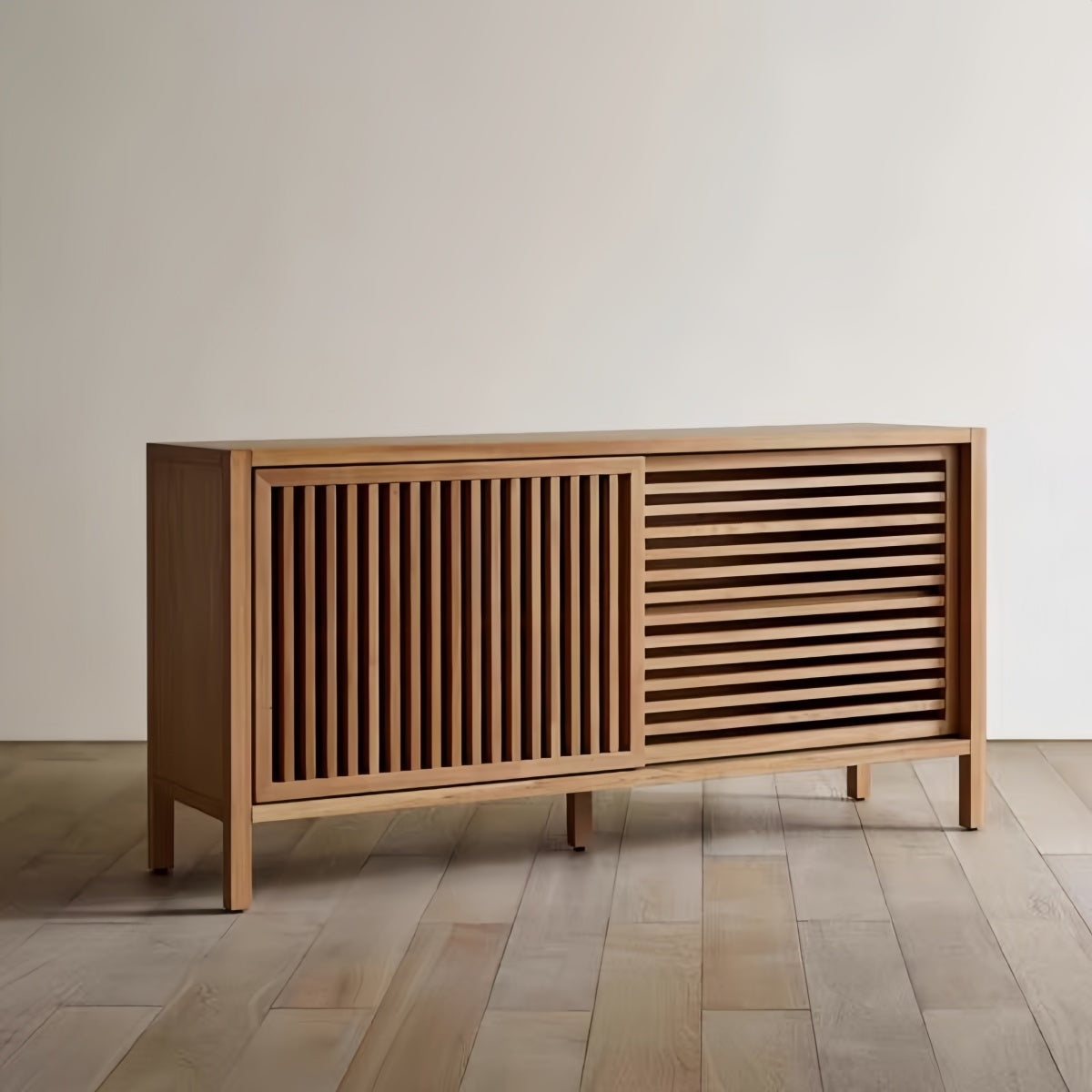Solid Wood Sideboard with Nordic Slatted Doors – Storage Cabinet