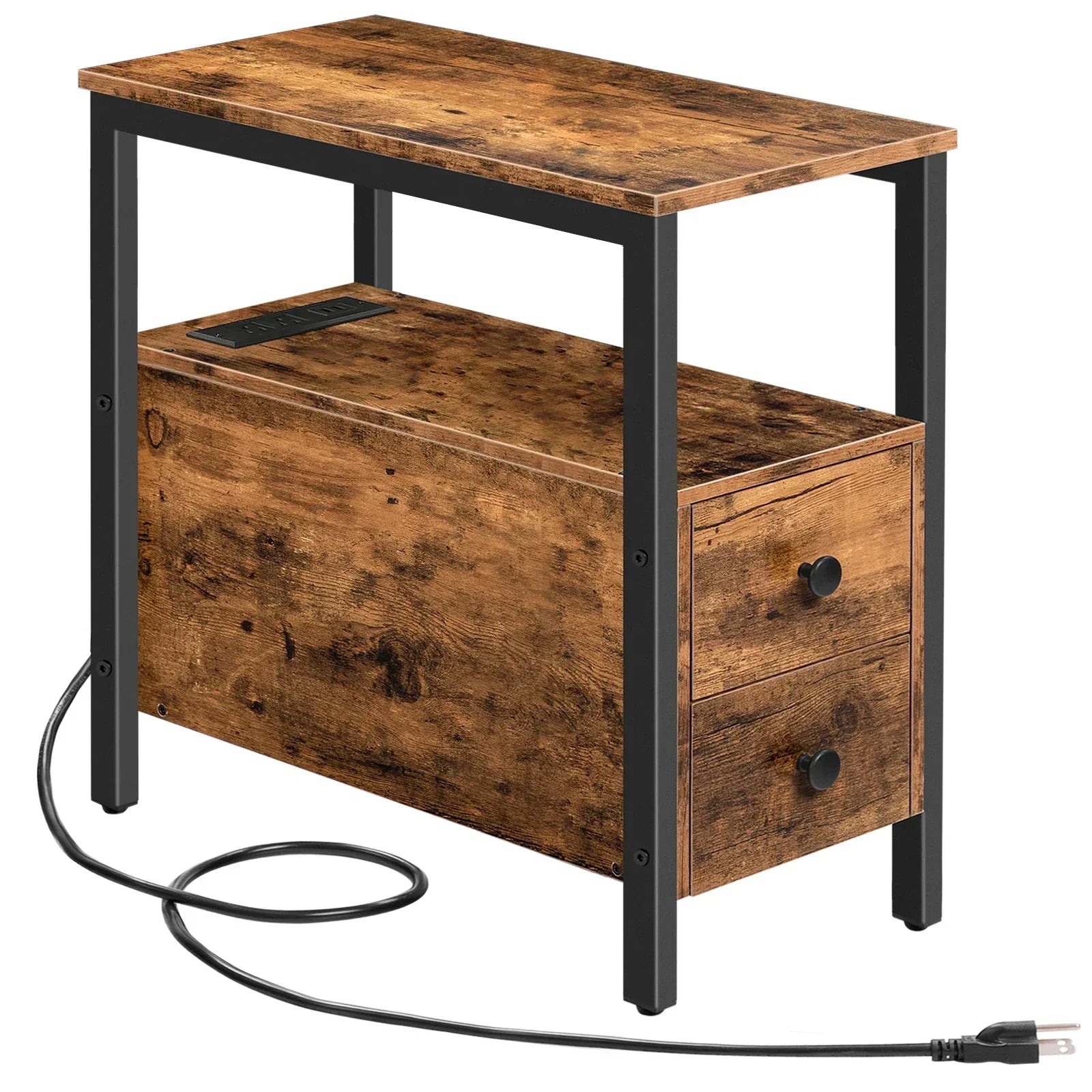 Rustic Brown bedside table with charging station, two drawers, modern design.