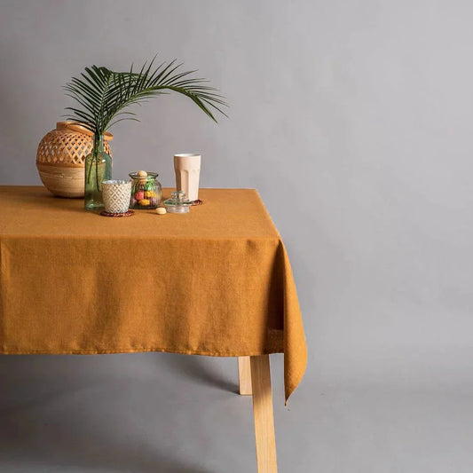 Rectangle tablecloth in turmeric color, 100% pure linen, dust proof, ideal for dining decor.