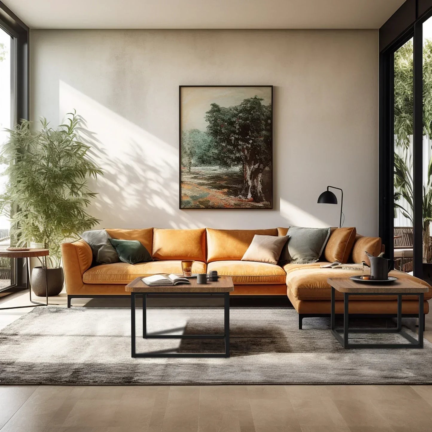 Modern square coffee table set with a sleek walnut wood and black metal design in a contemporary living room setting.