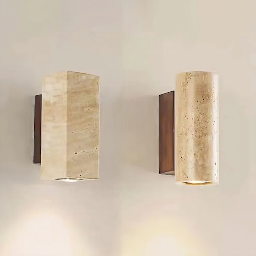 Elegant travertine stone wall lights with a Zen-inspired design, perfect for adding luxury and tranquility to indoor spaces like bedrooms and living rooms.