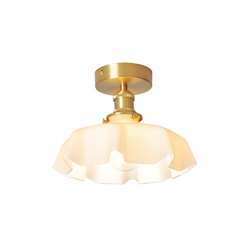 Elegant flush mount ceiling light with milky glass and copper fixture.