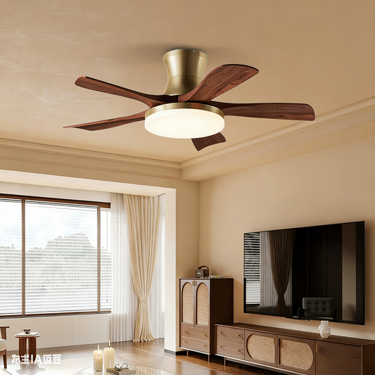 Ceiling fan in a living room with a television and wooden cabinet.
