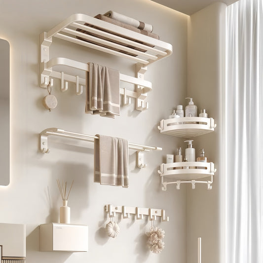 Creamy No-Drill Bathroom Towel Rack Set – Wall-Mounted Bath Towel Holder & Storage Organizer