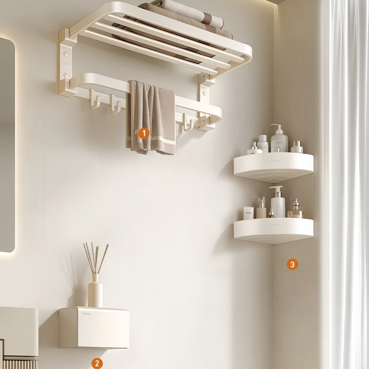 No-Drill Cream Bathroom Towel & Bath Rack Set – Space-Saving Wall Storage
