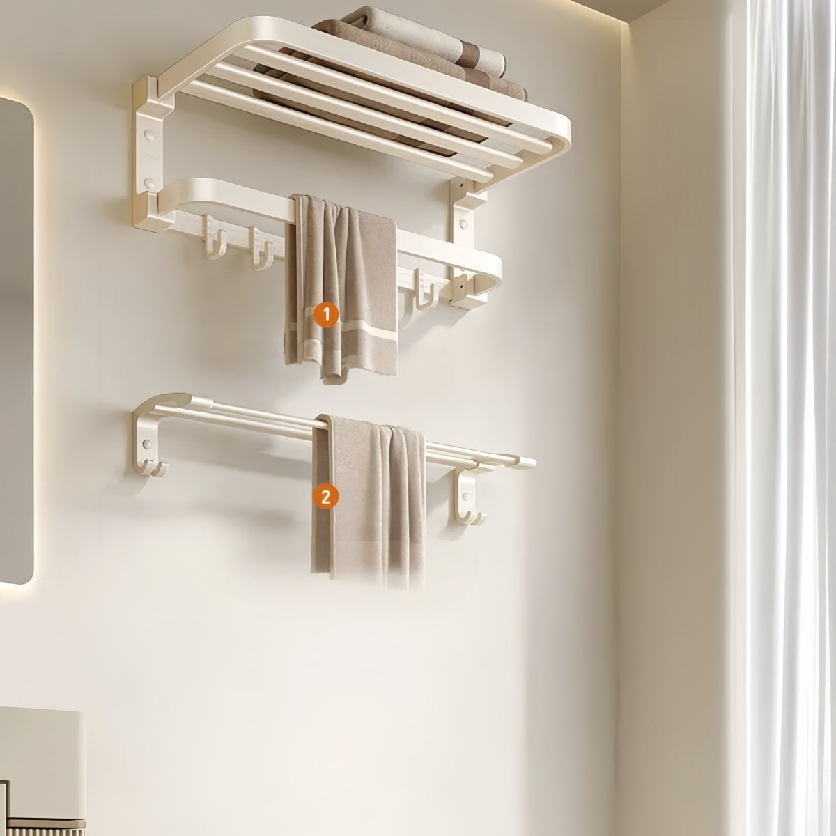 Soft Cream Bathroom Hardware Bundle – No-Drill Towel Rack & Organizer