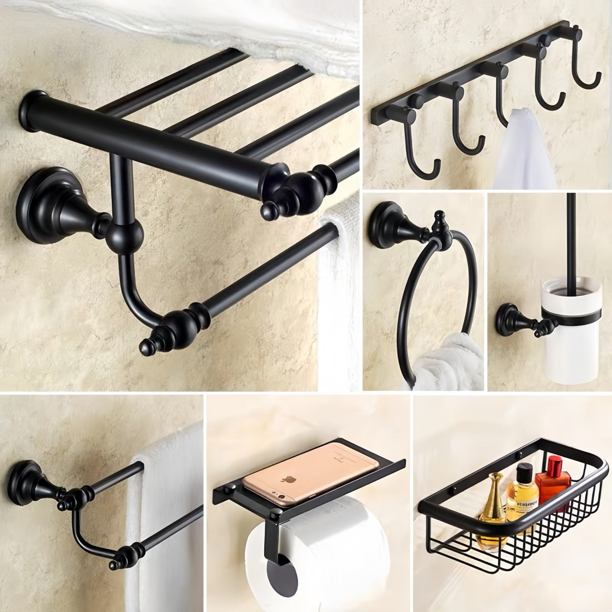 Black No-Drill Brass Towel Rack – American Style Bathroom Hardware Wall Shelf