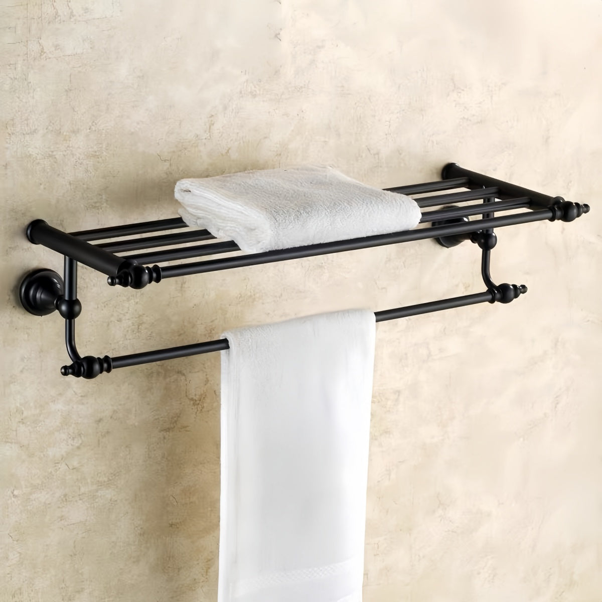 Black Brass Towel Rack – Drill-Free Bathroom Storage Shelf & Hardware Set