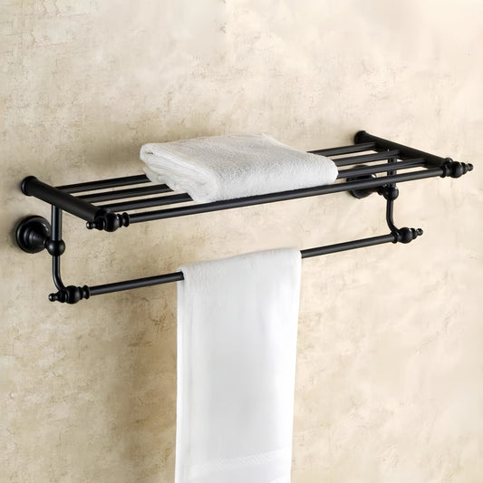 Black Brass Towel Rack – Drill-Free Bathroom Storage Shelf & Hardware Set