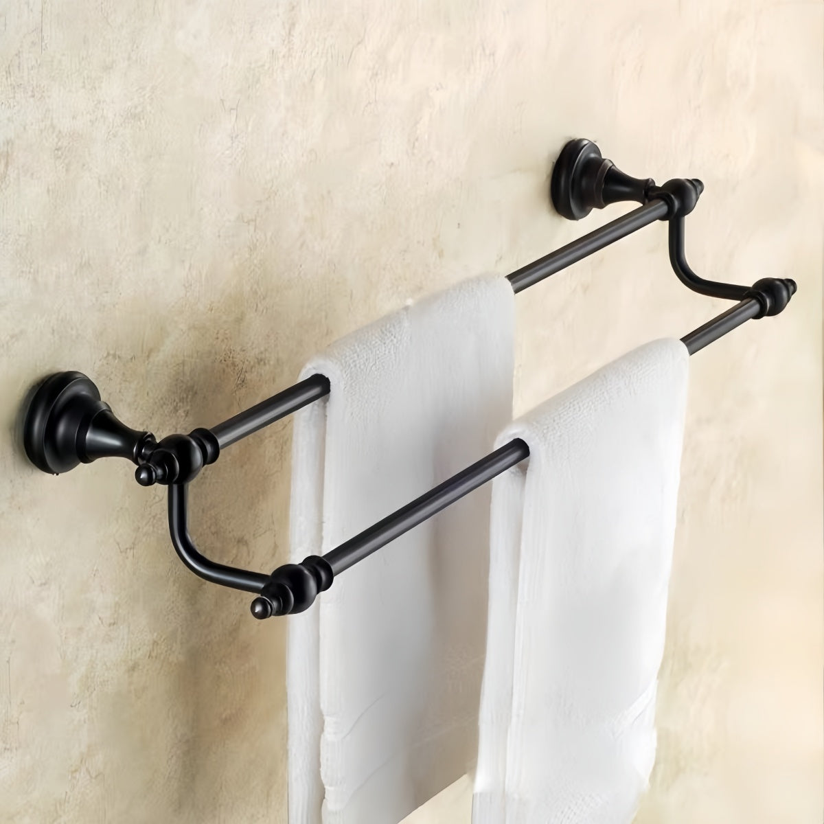 Black Bathroom Towel Rack – No-Drill Solid Brass Bath Hardware Organizer