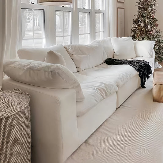 White Cloud Sofa – Linen Cotton Fabric 3-Seater Straight Couch for Small Living Rooms