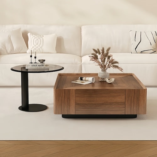 Walnut coffee table with storage in a modern living room setting.