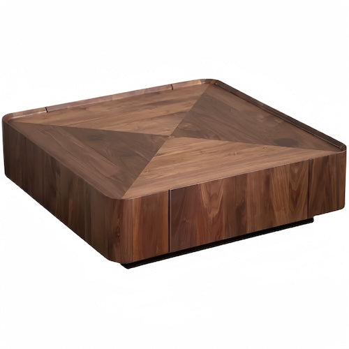 Walnut coffee table with storage, crafted from FAS walnut wood, featuring natural grain patterns and a concave tabletop design.