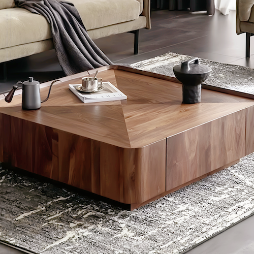 Walnut coffee table with storage, featuring premium FAS walnut wood, concave tabletop, and two spacious drawers, showcasing natural grain patterns in a modern living room setting.