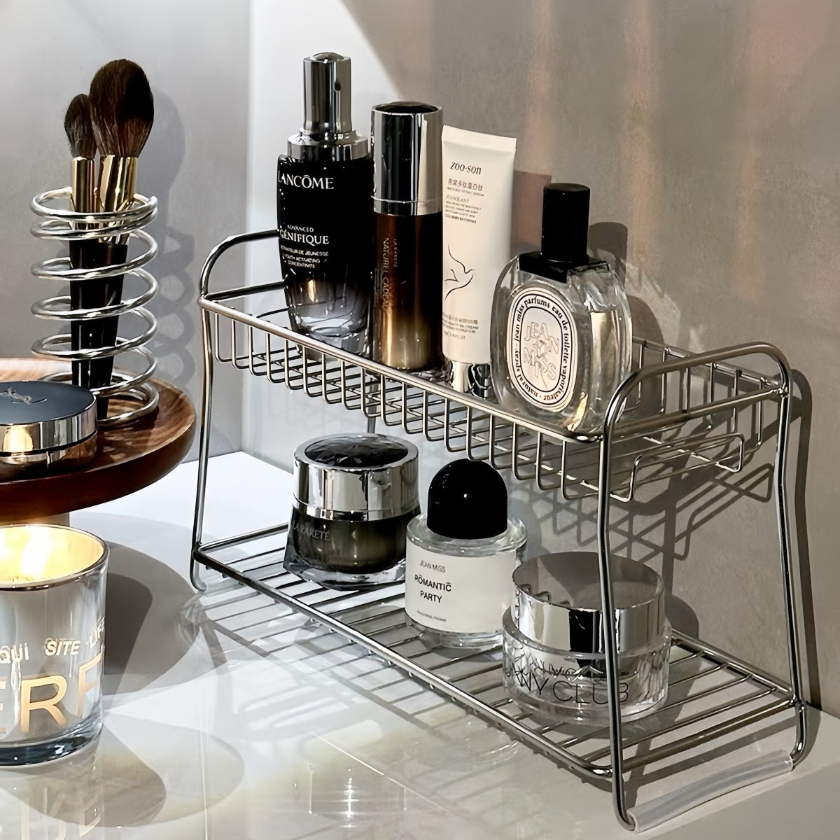 Bathroom Counter Double-Layer Storage Rack – Stainless Steel Organizer for Toiletries