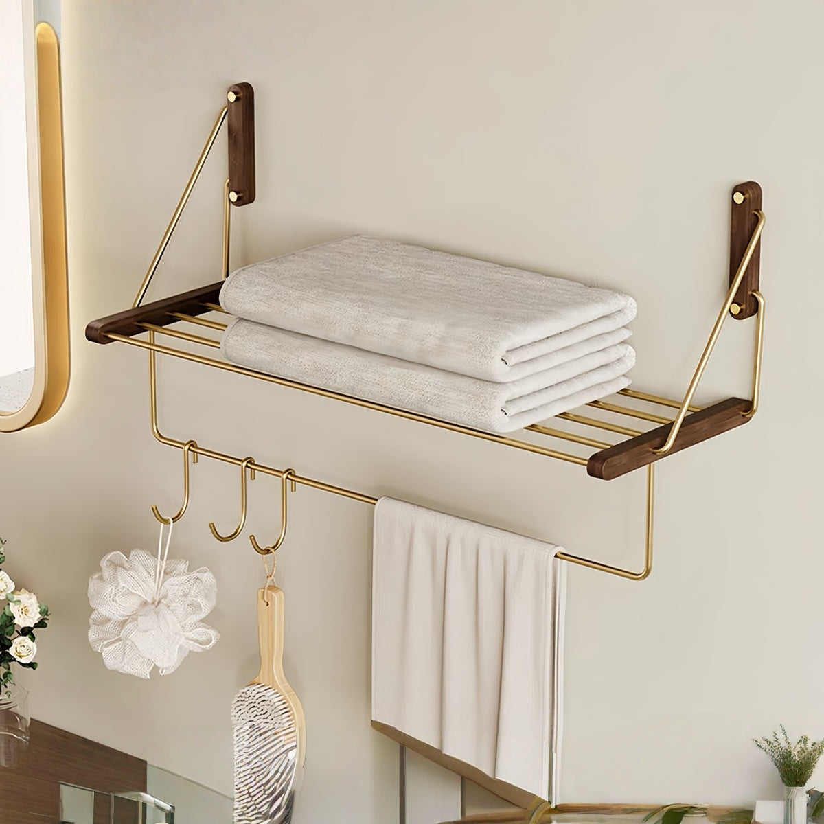No-Drill Solid Wood Bathroom Towel Rack – Wall-Mounted Towel Bar with Storage Shelf
