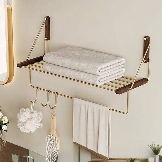 No-Drill Solid Wood Bathroom Towel Rack – Wall-Mounted Towel Bar with Storage Shelf