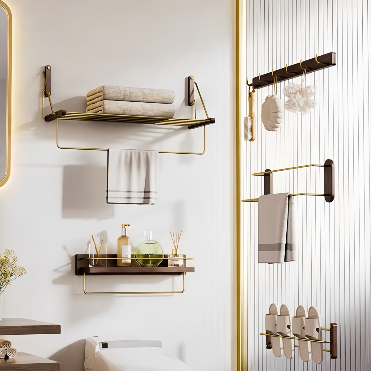 No-drill bathroom towel rack with solid wood shelf and stainless steel bar for hanging towels