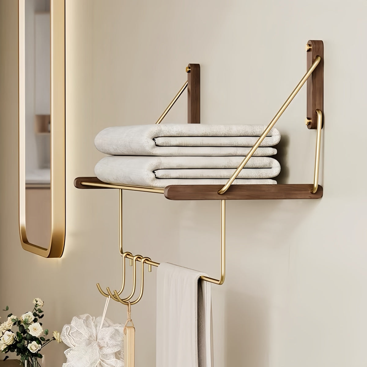 Modern No-Drill Towel Rack – Solid Wood Bathroom Organizer with Storage