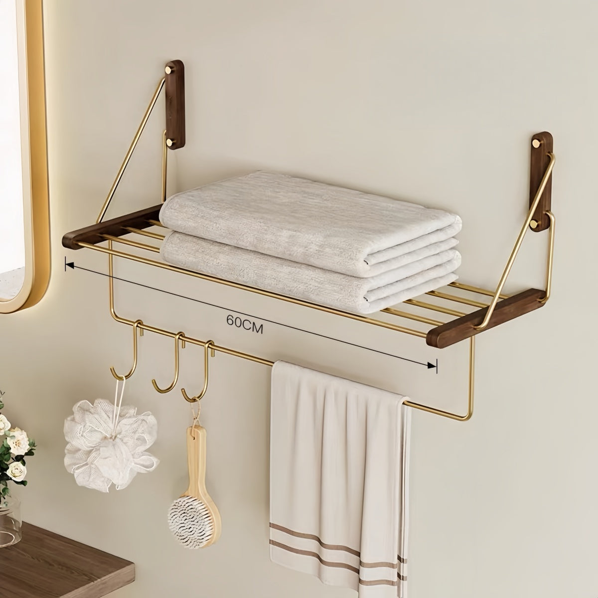 No-drill black walnut bathroom towel rack with storage shelf and stainless steel bar mounted on wall