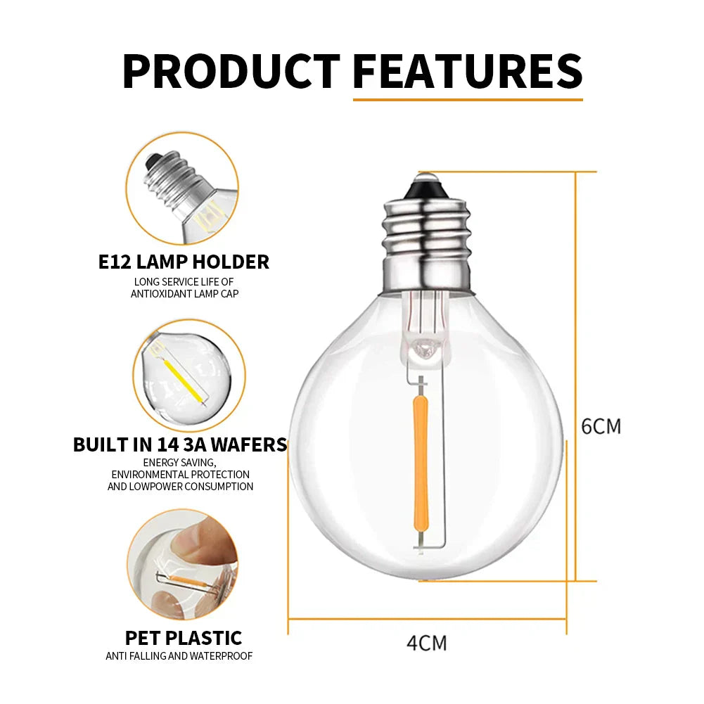 IP45 LED Waterproof Outdoor Light String G40 bulb features and dimensions.