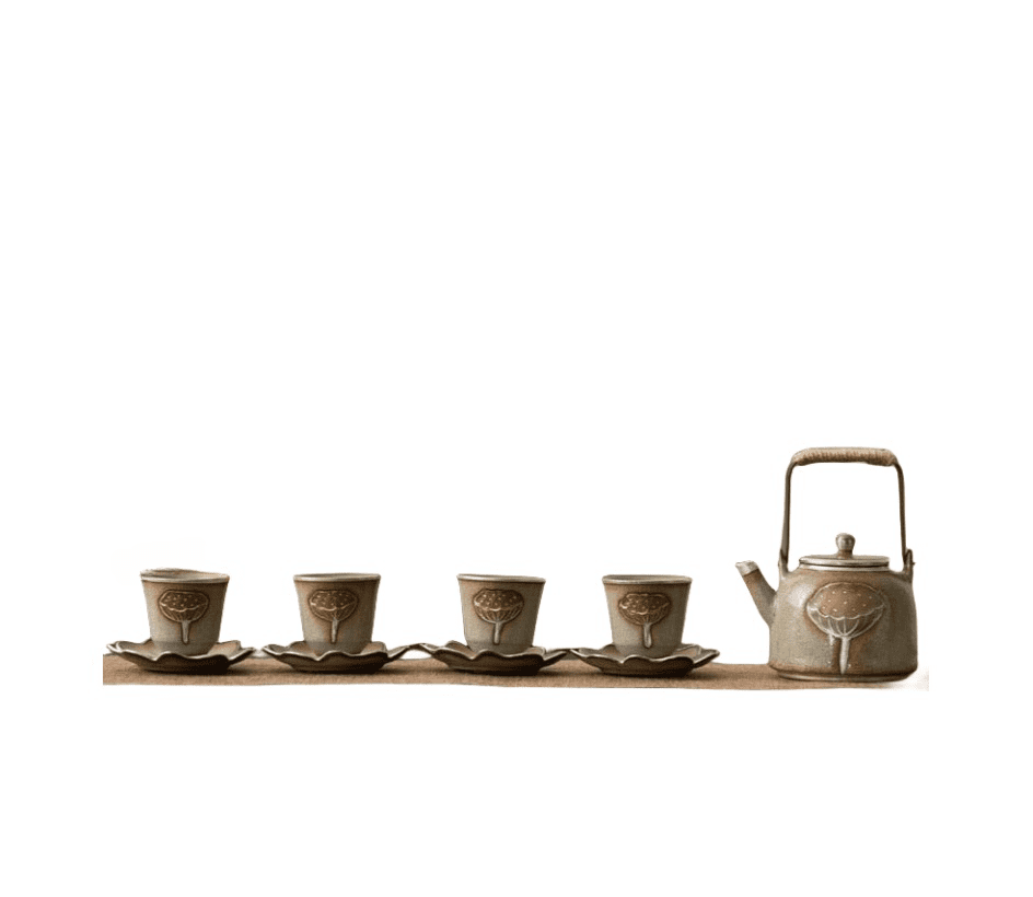 Ceramic teapot collection with four cups, perfect tea gift set.