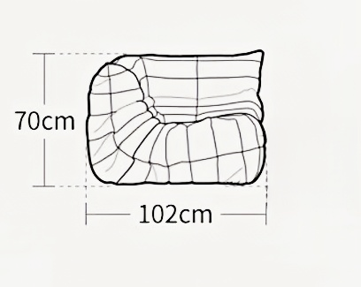 Ligne Roset Togo 3D line dimensions sketch, 70cm height, 102cm width.