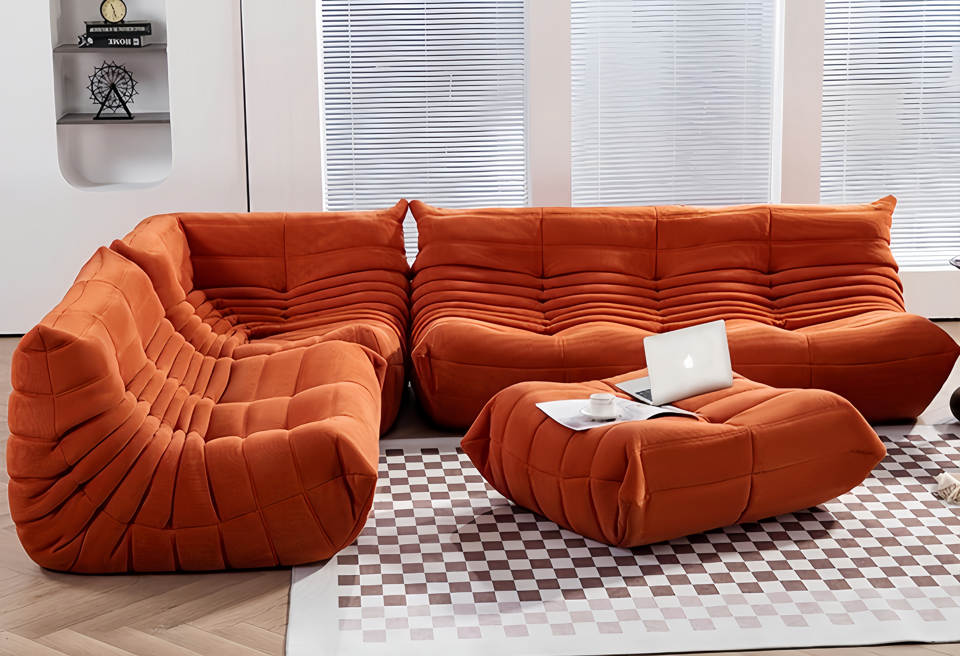 Modern orange corduroy Togo sofa set with view of mountains - motivodecor.com