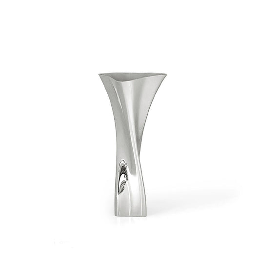 Silver vase with geometric design on a white background